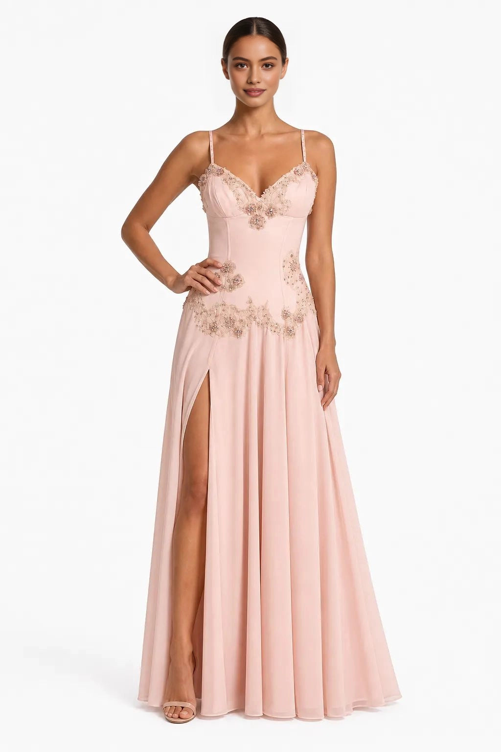 Blush pink wedding guest dress with beaded appliqué and high slit
